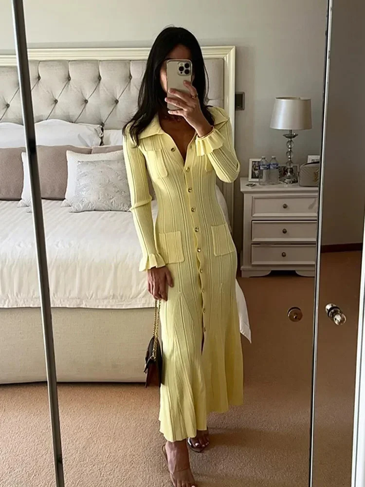 Elegant Women Ruffle Hem Single Breast Knit Midi Dress Fashion V-neck Long Sleeve Bodycon Dresses Office Street Lady Party Robe 241104