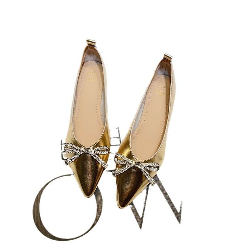 Korean Version Of Spring And Summer New Versatile Silver Shallow Mouth Single For Women, Pointed Soft Soled Flat Shoes, Rhinestone Butterfly Bow Scoop