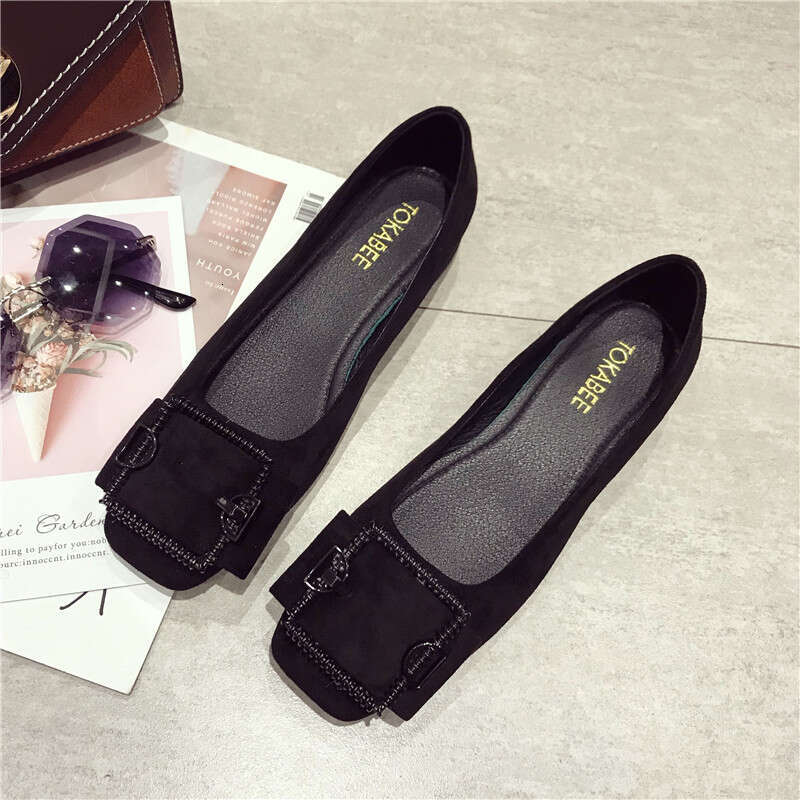 2023 Autumn New Versatile Square Buckle Shallow Mouth Coarse Custom For Women 3Cm Low Heel Women's Black Scoop Bean Shoes
