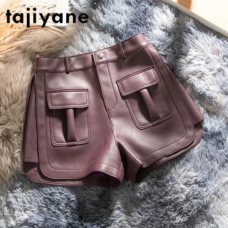 Tiyane Summer Women's Real Sheepskin Wide Leg Trousers Oversize Genuine Leather Shorts Female Mujer Pantalones 2361