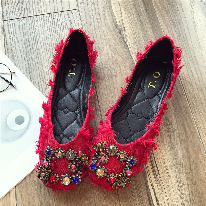 2023 Autumn New Fashionable Versatile Water Diamond Buckle Square Head Cloth Flat Follow For Women Soft Bottom Bean Shoes