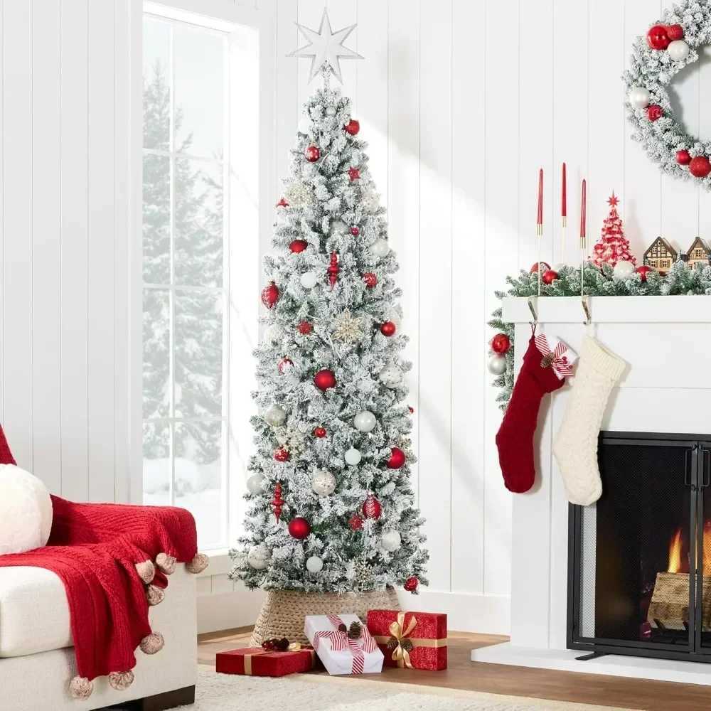 Flocked Pencil Christmas Tree Pre-Lit Slim Artificial Holiday Decoration Lighted Skinny Snowy AppearaXJ241026