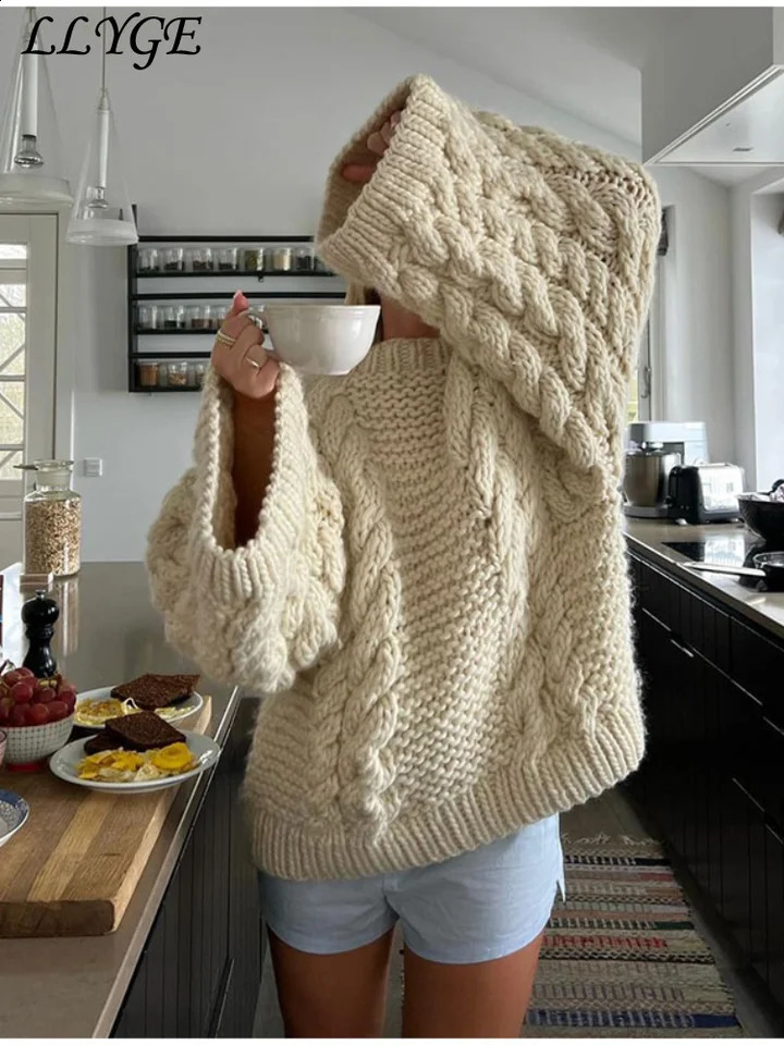 Loose Knitted Womens Coarse Needle Sweater Casual Solid O-neck Long Sleeve Pullover 2024 Autumn Lady Chic High Street Sweaters 241105