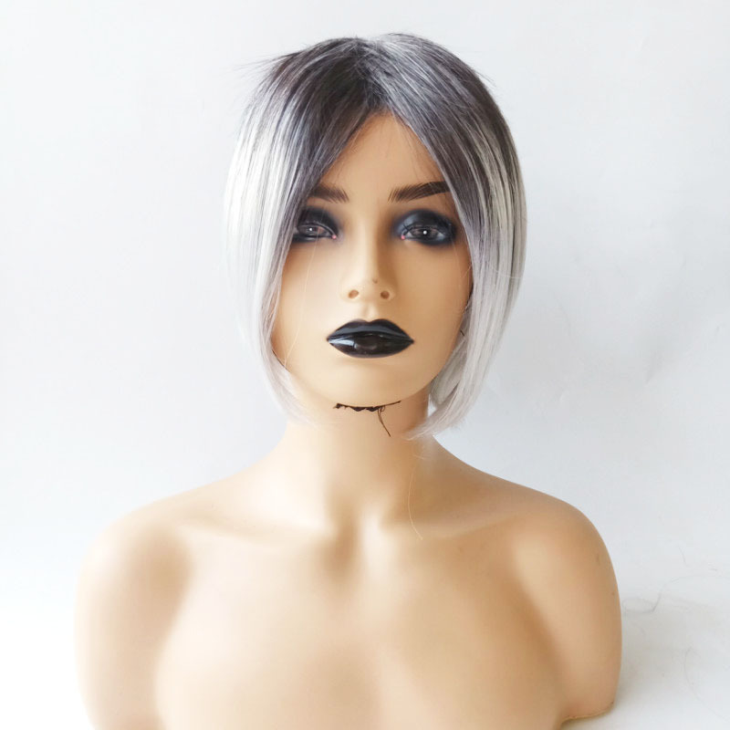 Wig women short hair synthetic wig women black gray gradient color bobo short straight hair