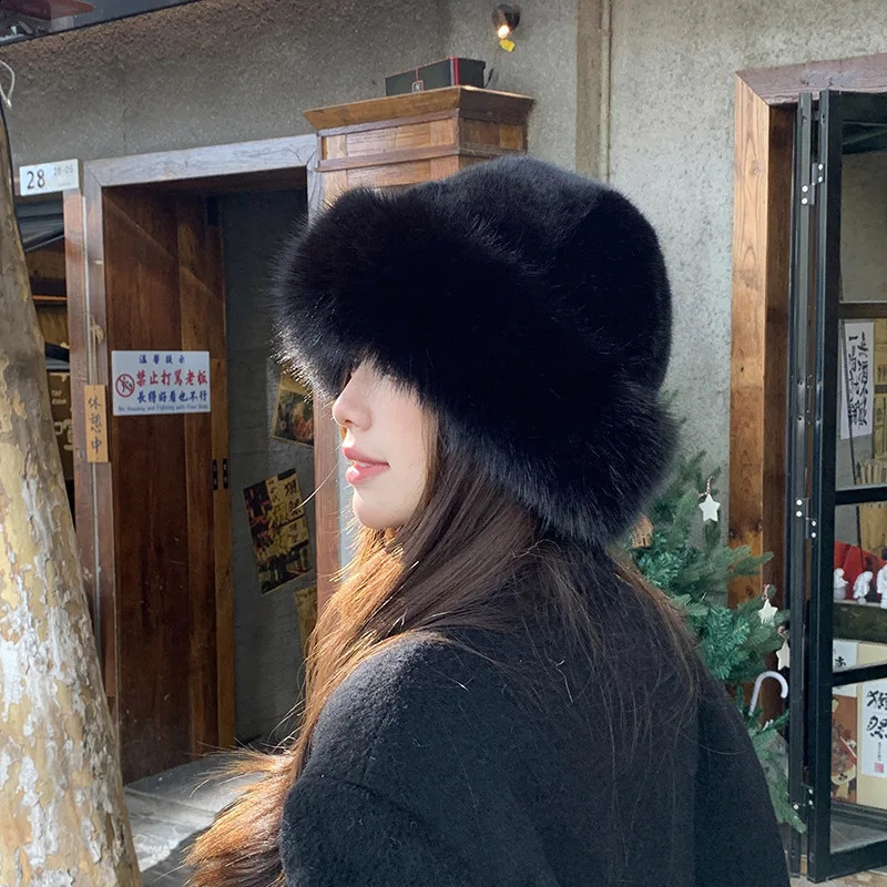 Women Fluffy Fur Fisherman Hat Winter Solid Plush Ear Protection Beanies Windproof Warm Headgear Fashion Female Panama Caps 241105