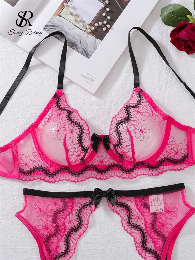 SINGREINY Fashion Embroidery Porno Bra Suits Ladies Transparent Garter Sheath Sleepwear Women Sheer Club Slim Underwear Sets 241105