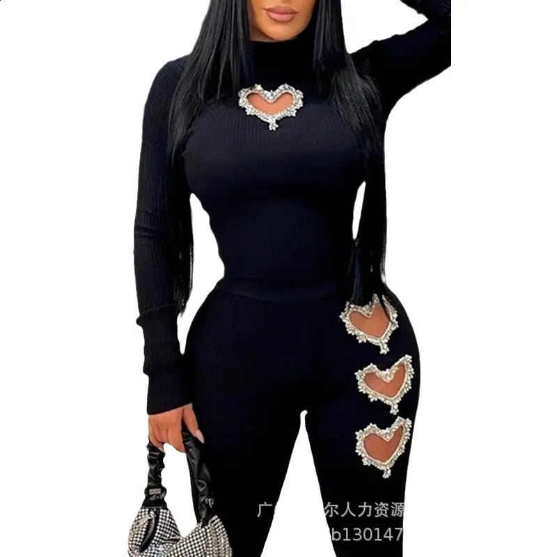 Two Piece Sets Wome Sexy Solid Pant Set Turtleneck Full Sleeve Slim Fit Tops Hollow Out High Waist Long Pants Sheath 2024 241105