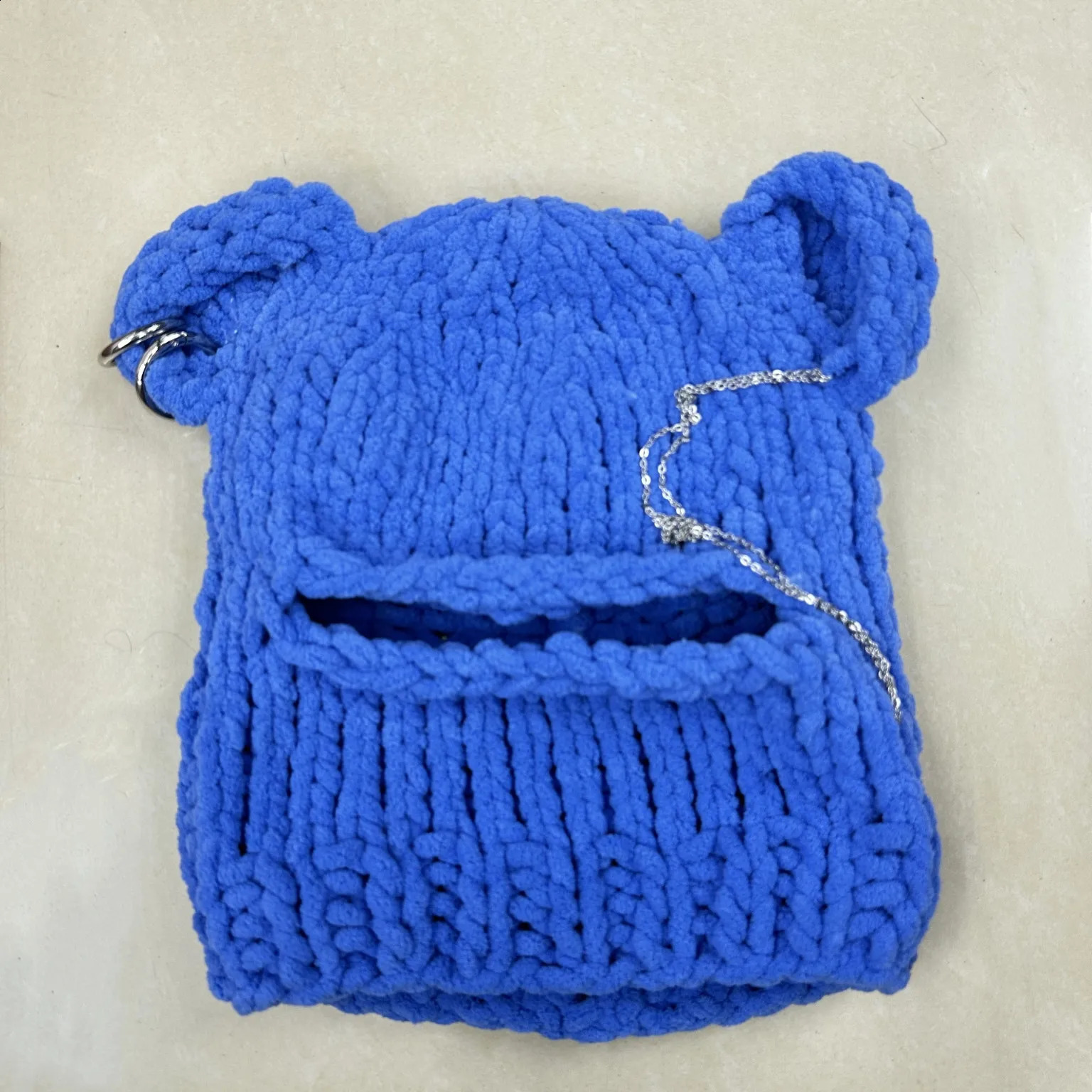 Bear Ears Crochet Balaclava Women Handmade Chain Circle Knitted Hat Party Chenille Mask Warm Beanies Ear Protection Skullies Cap 241105