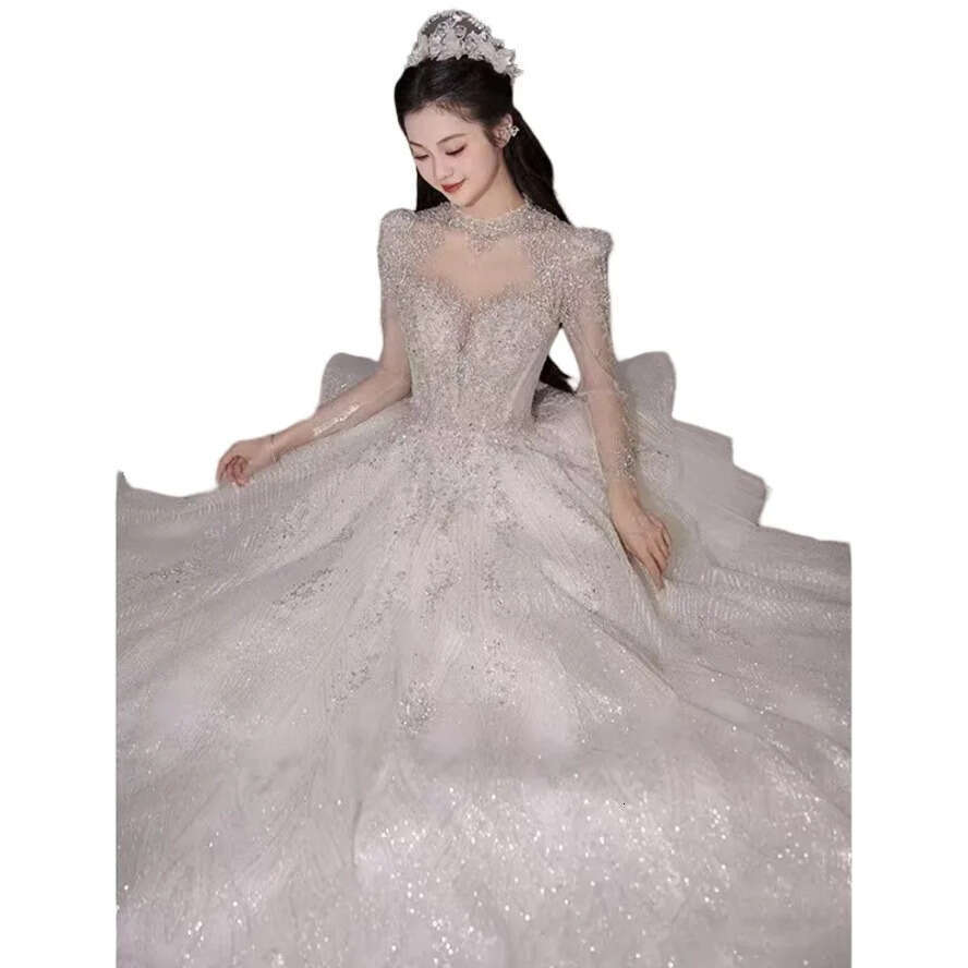 Wedding A E Dresses Shiny Long Sleeve Lace Appl Plus Size Bridal Party Gowns Robe Marriage Court Train Vestidos De Noiva Formal Bride Wed Dress