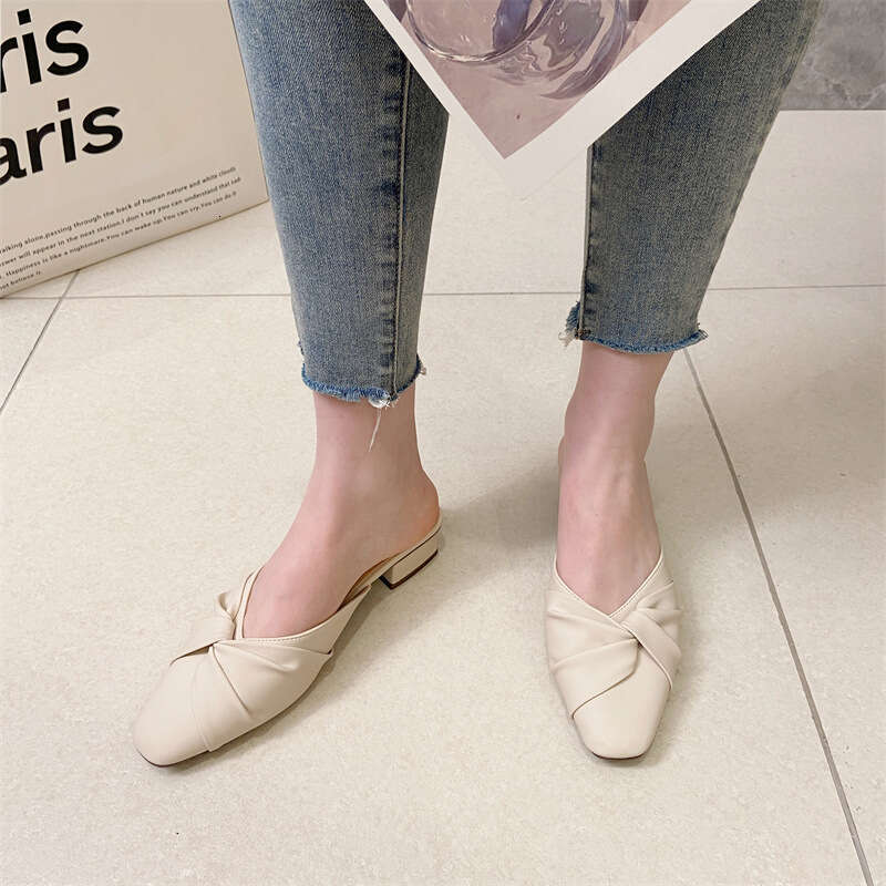 Korean Version Of Spring And Summer New Fashionable Soft Leather Toe Cap For Women Wearing Thick Heels, French Style Semi Slip, Mid Heel Fitting Shoes