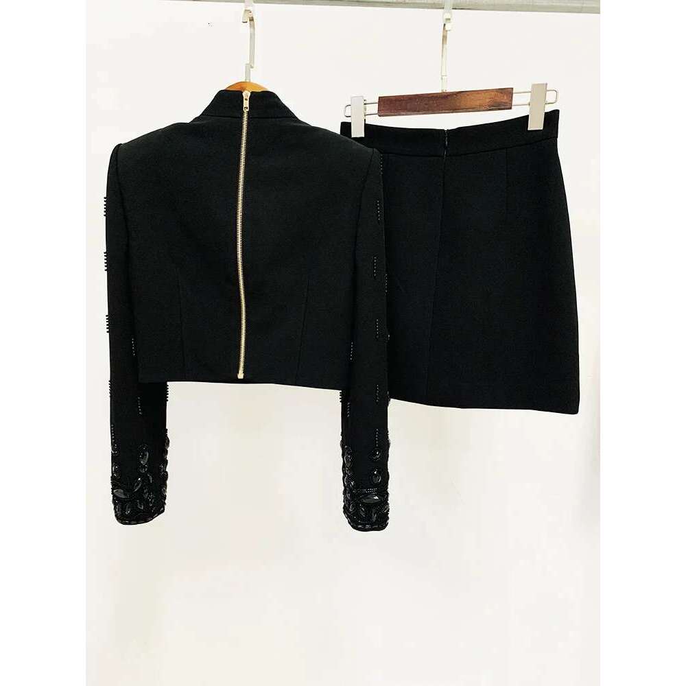 Latest designer runway set women's stand up collar zipper back open top mini skirt set 2 pieces