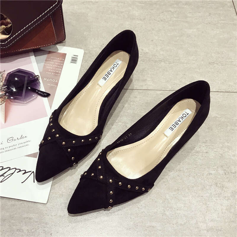 2023 Spring New Pointed Shallow Mouth Black French Girl's Fine Tailored Shoes, Middle Heel, High Heels, Women's Shoes