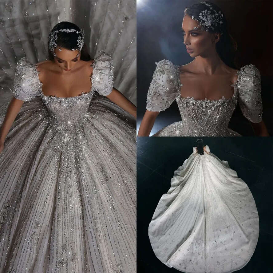Urious Arabic Dubai Ball Gown Wedding Dresses Cap Sleeve Off Shoulder Beadings Crystals Sparkle Sequins Puffy Ruched Bridal Gowns Custom Made BC