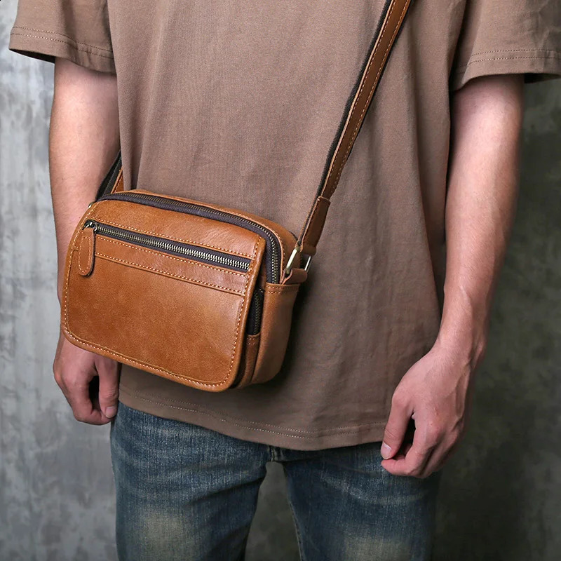 Summer Youth Horizontal Retro wearing top layer denim ten font phone bag mens leather casual simple shoulder bag 241105