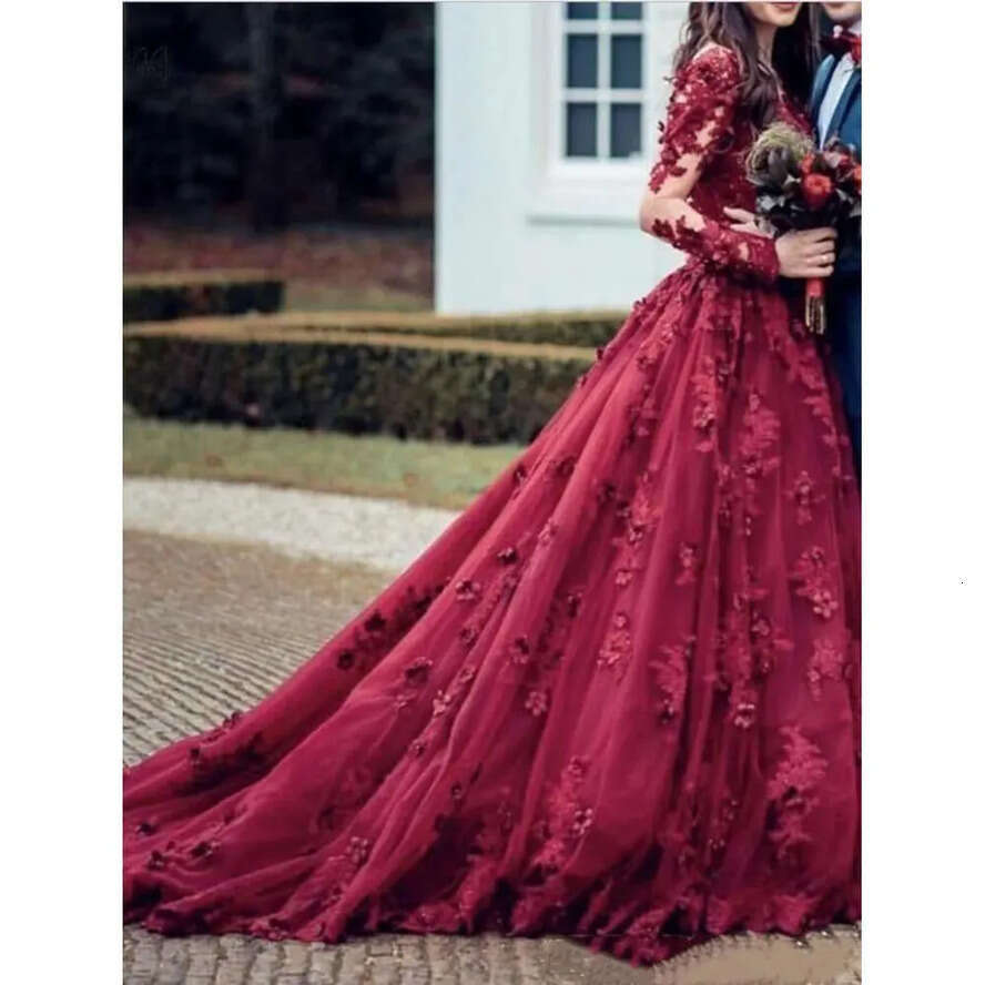 Ral Sleeves Dresses Long Bury D Applique Tulle Lace Sheer Neck Beaded Illusion Wedding Bridal Gown Vestido De Novia