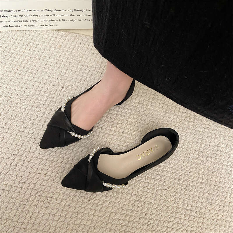 Pearl Decorated Pointed Single For Women, Korean Version, Spring And Summer New Fairy Style, Shallow Mouth Scoop Shoes, Fabric Side Empty Flat Shoes