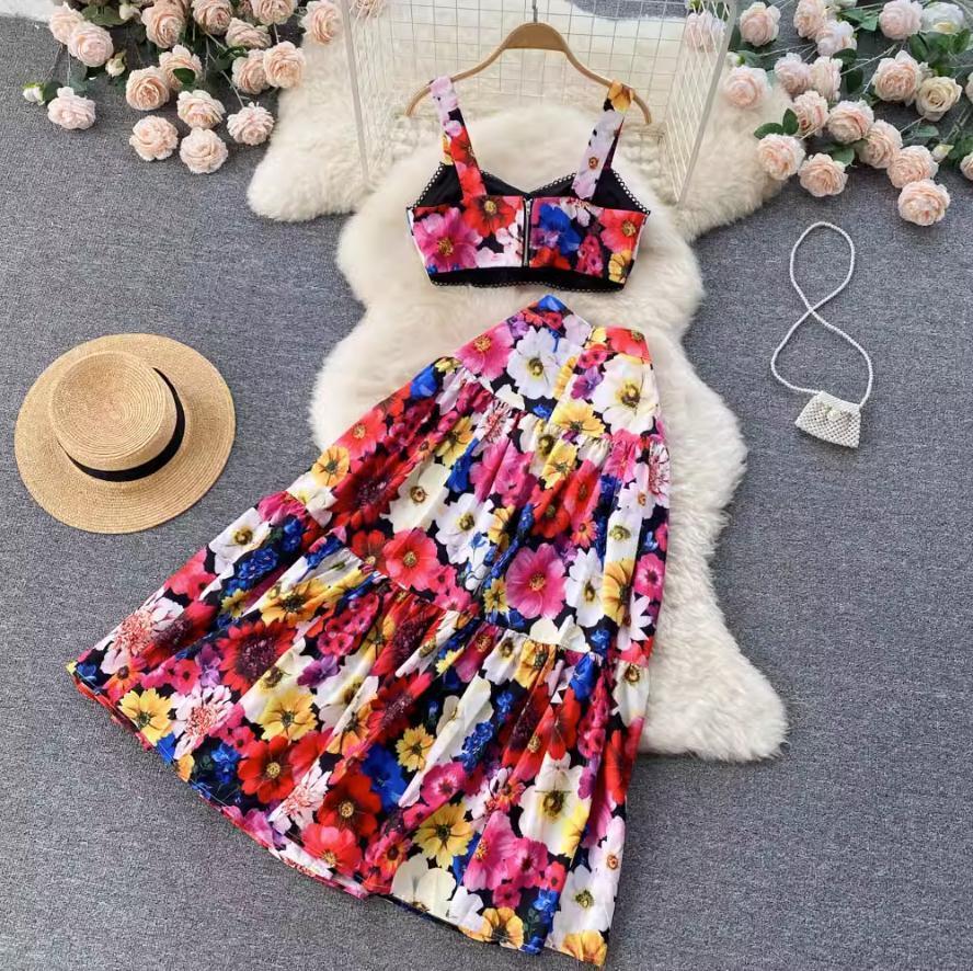 JAMERARY Fashion Two Piece Dress Sets Women Ral Print Sexy Bustier Corset Crop Tops + Pleated Long Maxi Skirts Suits Female