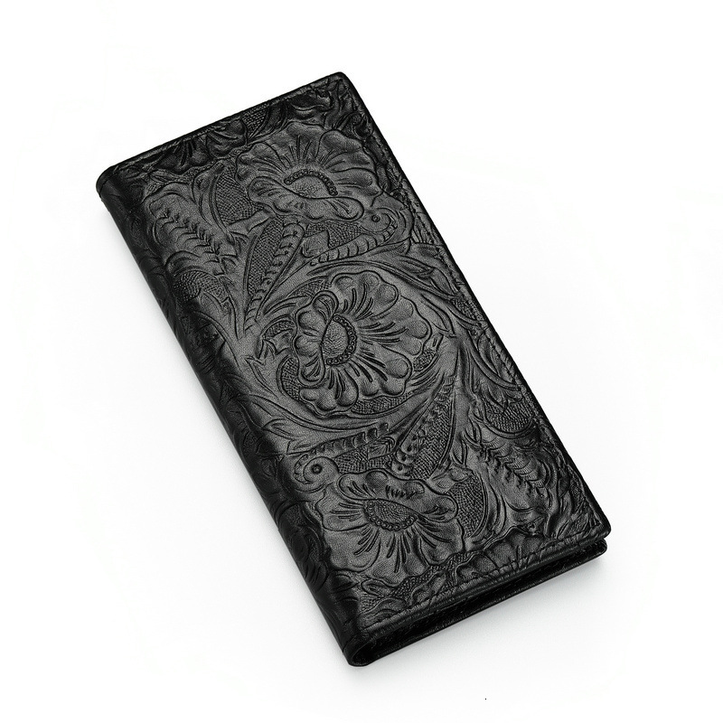 Men's Casual Fashion Long Designer Leather Top Layer Cowhide Embossed Coin Purse