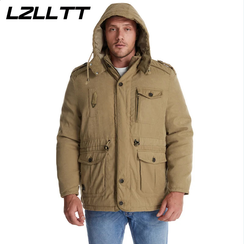 LZLLTT Men Winter Warm Parkas Mens Fleece Detachable Hat Jacket Casual Cotton Outdoor Fur Trench Padded Jackets Coats 241105