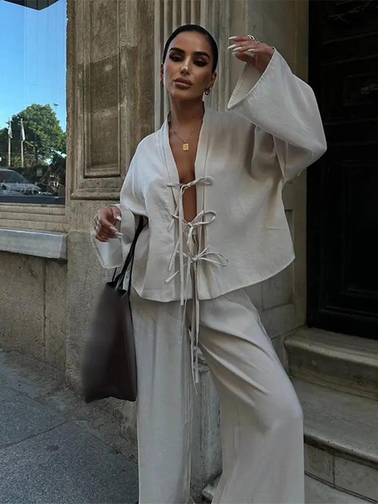 Women Cotton Line Pants Set Long Sleeve Lace Up Hollow Out V-neck Tops Wide Leg Trousers Suit 2024 Casual Lady Loose Outfits 241105