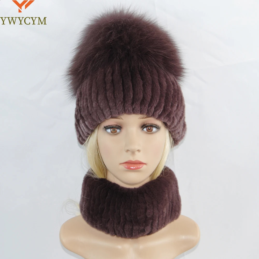 Women Winter y Warm Top Fox Fur Hats Muffler Real Rex Rabbit Hat Scarf 2 Pieces Knitted Cap Scarves 241105