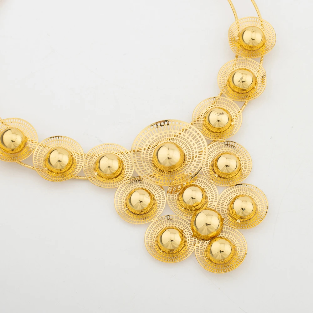 Big Woman Jewelry Set Dubai Gold Plated Earrings Necklace Copper Multiple Small Circle Flower Bride Bangle Rings Gift 241105