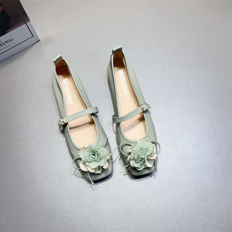 French Floral Decoration With Sole Mary Jane For Women, Korean Version, New Shallow Mouth Square Toe Soft Leather Low Order Shoes