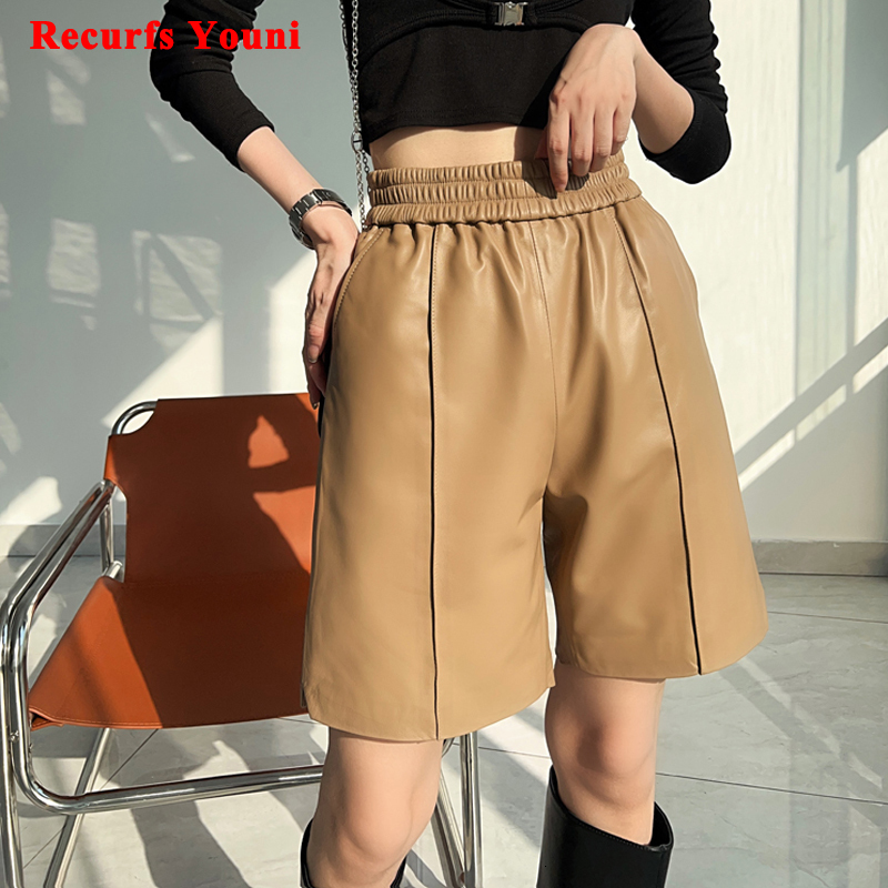 Easy Streetwear Bermuda Shorts Women Pockets Wide Leg Lambskin Midi Long Authentic Leather Pants Apricot Casual Femme Pantalon