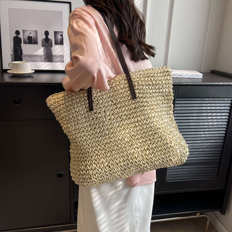 Design Straw Woven Tote Bags For Women Large Capacity Shoulder Beach Bag Pure Color Summer New Big Shopping Handbag