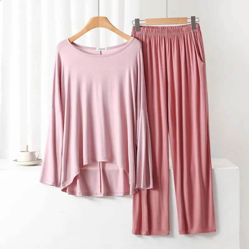Model Skin-Friendly Long-Sleeved Trousers Pajamas Suit Womens Spring Autumn Section Loose and Comfortable Home Service 2-Piece 241105