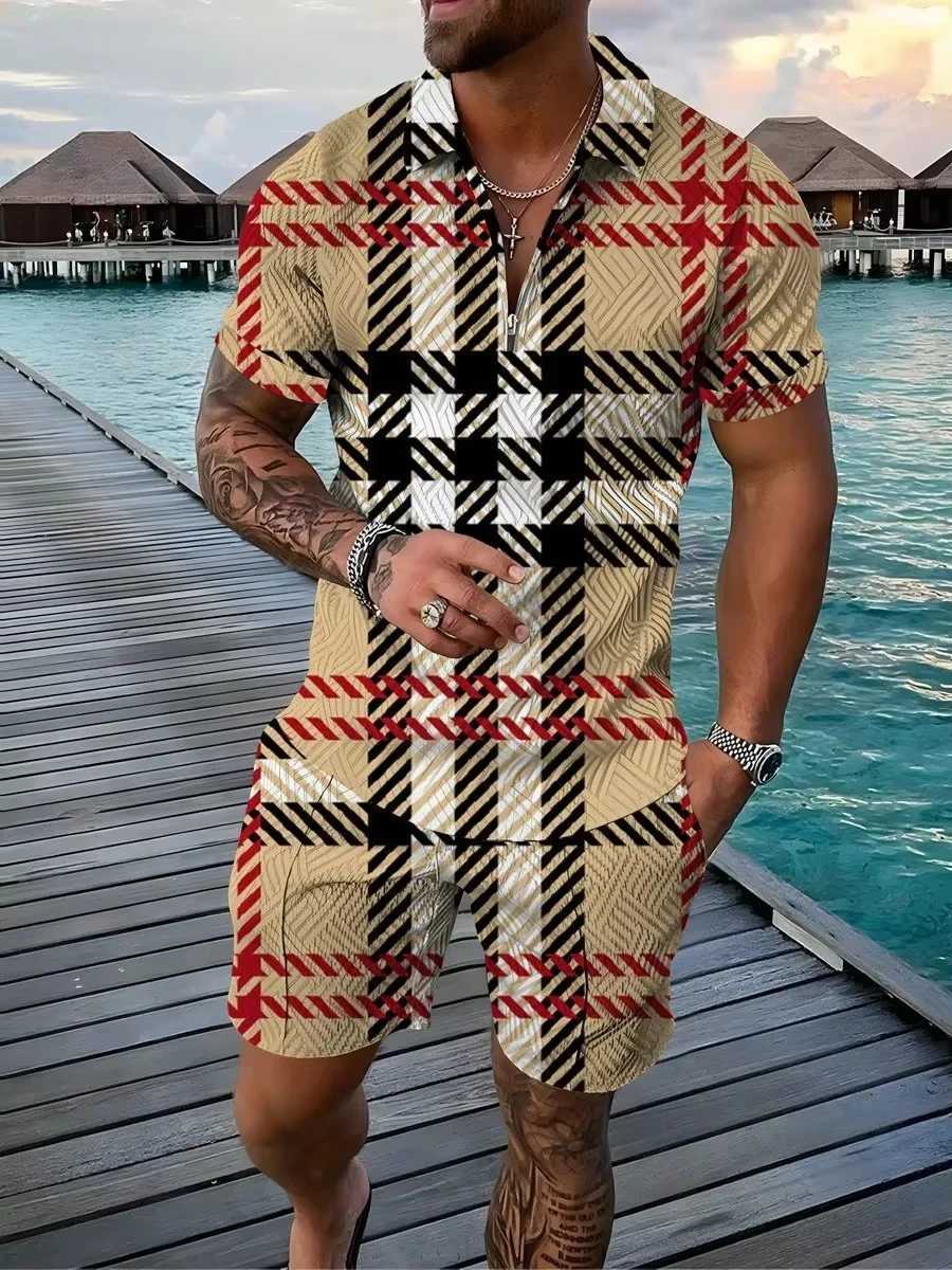 Flower and plant 3D printing summer mens sportswear set casual zipper collar shirt and shorts 2-piece set holiday style clothing W241104