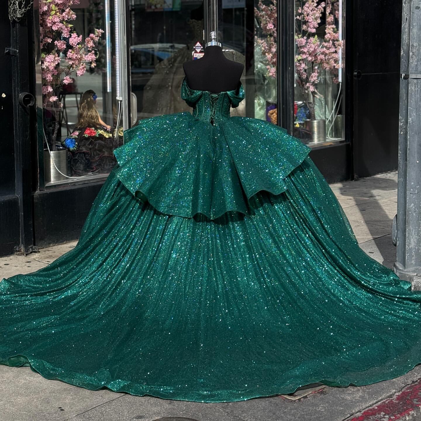 Dark Green Princess Dresses Ball Gown Off Shoulder Glitter Sequins Dia Vestido De Quinceanera Bodice Sweet 15 Masquerade Dress Lz0304