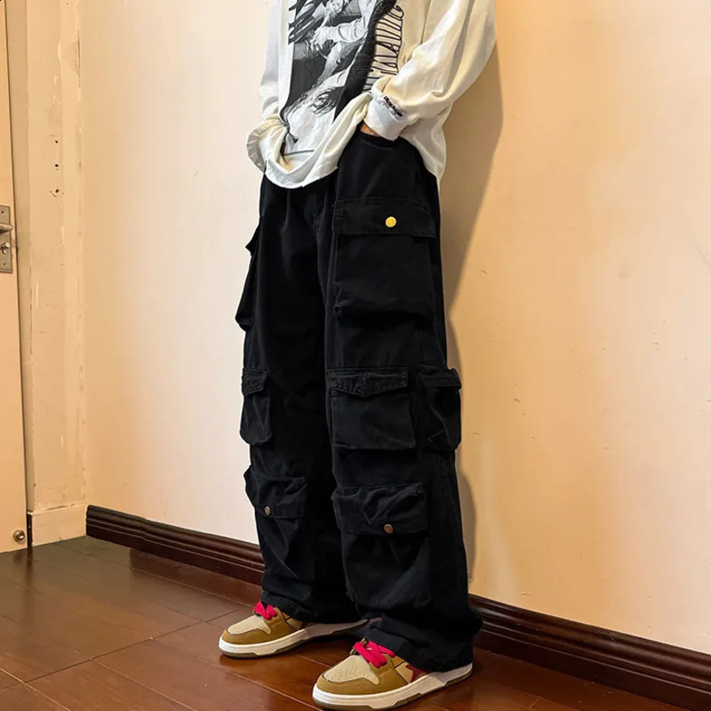FEWQ Y2k Mens Cargo Pants Multi Pocket Male Hiphop Overalls High Street Safari Style Trousers Summer Streetwear 24A562 241105