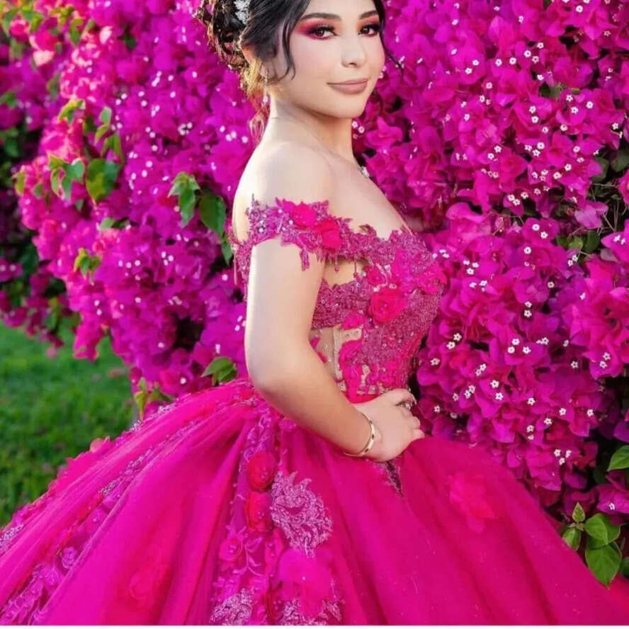 Dresses Hot Pink Shiny Quinceanera Mexican Sweetheart Lace Dwer Puffy Ball Gowns Off Shoulder Applique Vestidos De XV Anos
