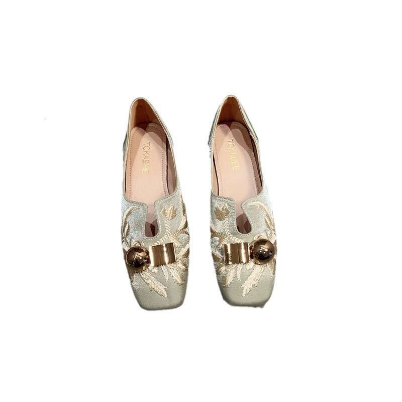 French Embroidery Square Toe Single Shoe Women's Korean Version New Spring And Summer Shallow Mouth Flat Bottomed One Foot Soft Soled Bean Shoes