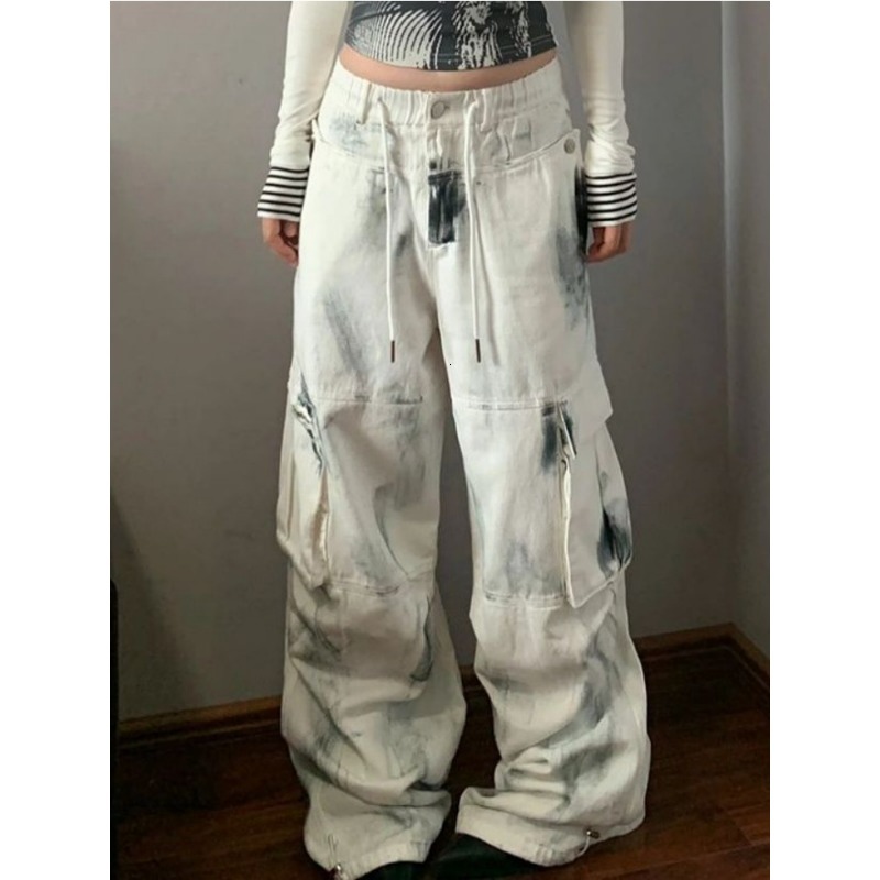 QWEEK Y2k Streetwear Cargo Jeans Women Oversized Vintage Wide Leg Pocket Denim Pants Korean Fashion Hiphop Baddie Trousers Kpop