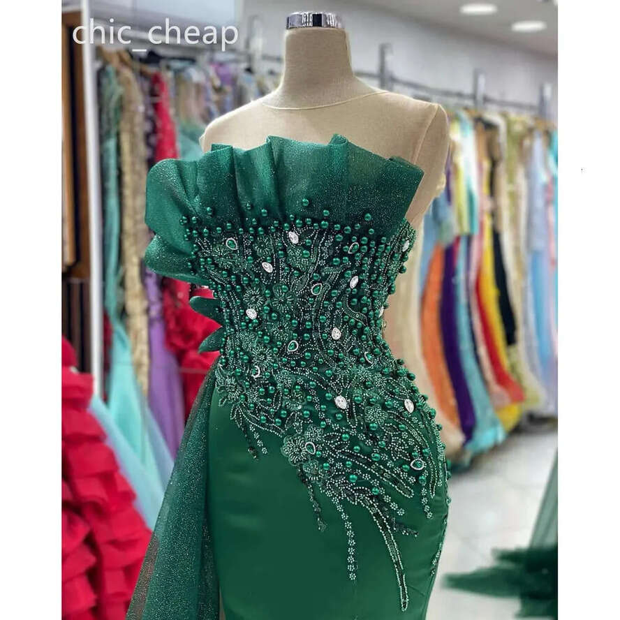 Aso Green Ebi Dark Mermaid Prom Dress Lace Pearls Crystals Evening Formal Party Second Reception Birthday Engagement Gowns Dresses Robe De Soiree Zj E