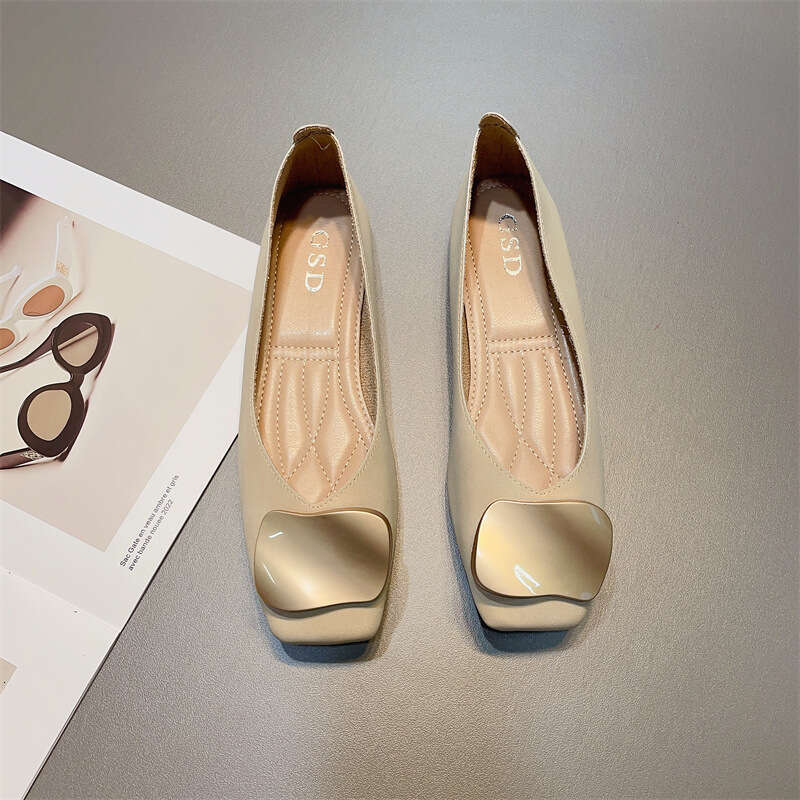 Shallow Mouth Women's Korean Version Spring New Item Metal Buckle Comfortable One Foot Cover Square Toe Flat Single Shoe Soft Sole Bean Shoes