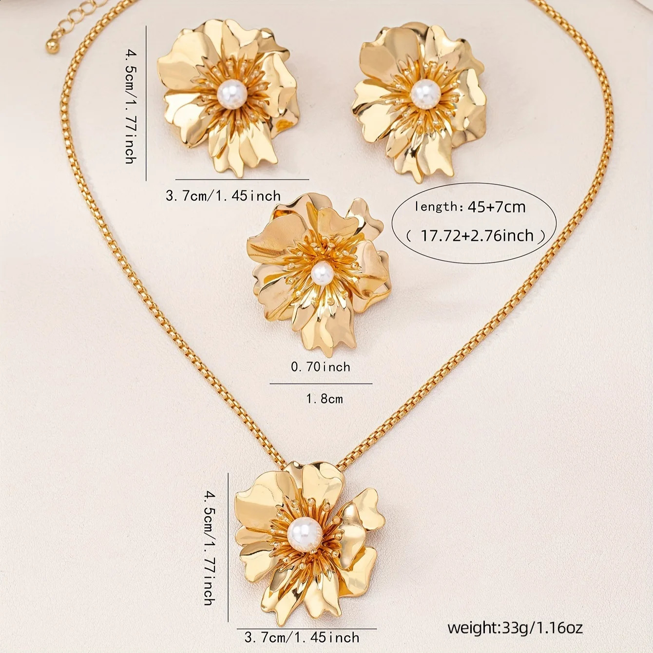 European and American Fashion faux Pearl Necklace Fashion Versatile Accessories Flower Ring Earrings Womens Jewelry Set 241105