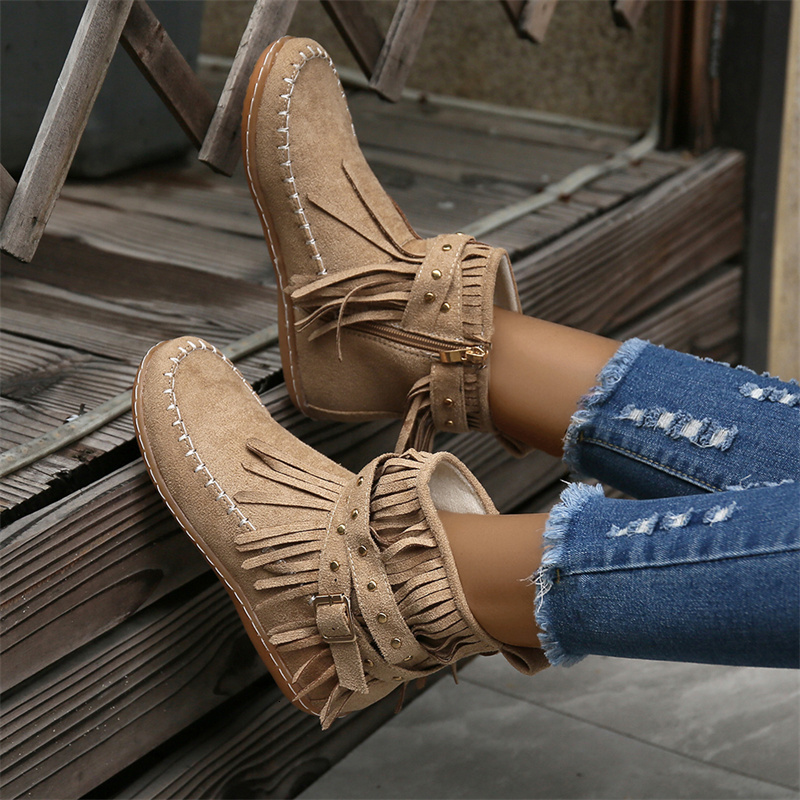 Botines Autumn Flat Heel Ankle Retro Suede Tassel Fashion Round Toe Soft Sole Short Boots Casual Women Shoes