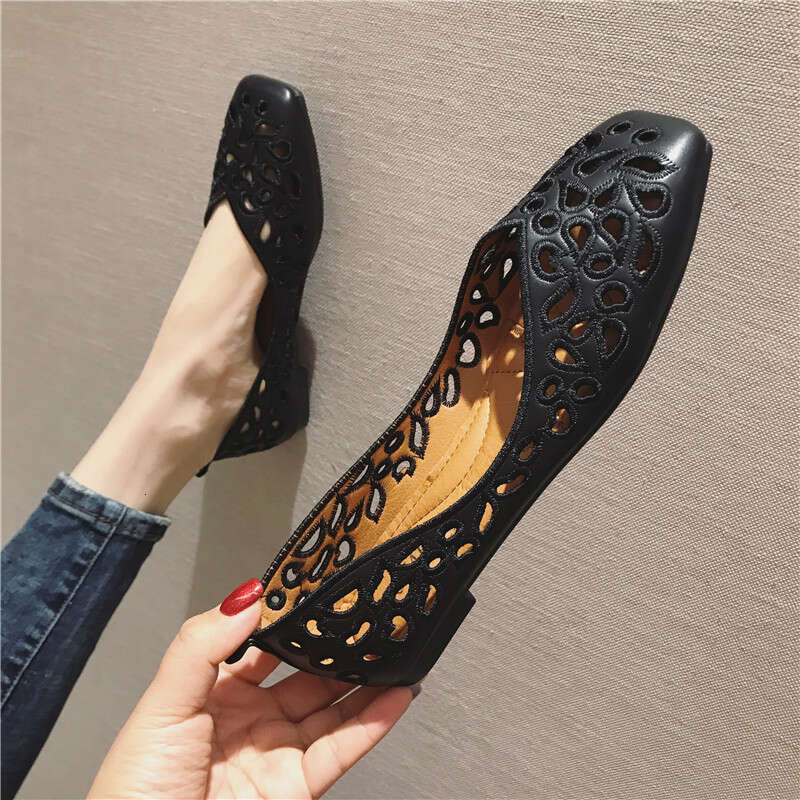 Summer Sandals, Hollowed Out Fashionable Work Black Women's Shoes, Flat Sole, Single Shoe, Hole, Simple Square Toe Shoes