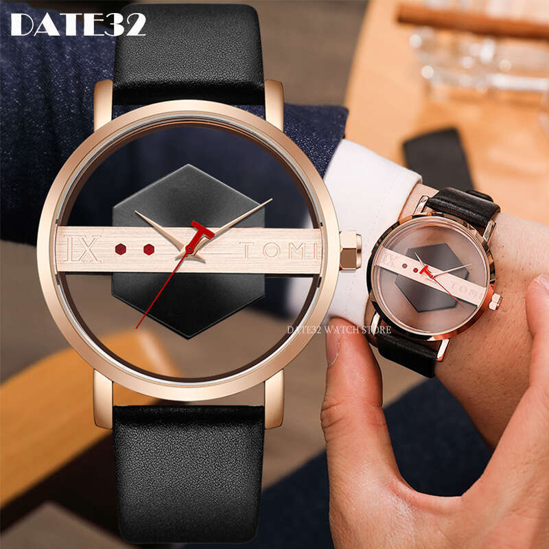 New Jewelry Hot Couple Creative Concept Fashion Half Transparent Unisex Watch For Men Women Lovers Leather Wristwatch Fashion Male Quartz Watches es