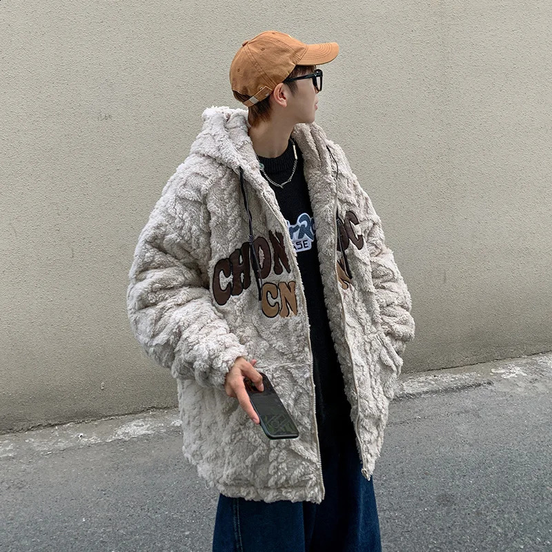 YASUGUOJI Fashion Vitage Embroidery Lamb Wool Fur Coat for Men Winter Thicken Warm Zipper Loose Hooded Cotton Jacket Men 241105