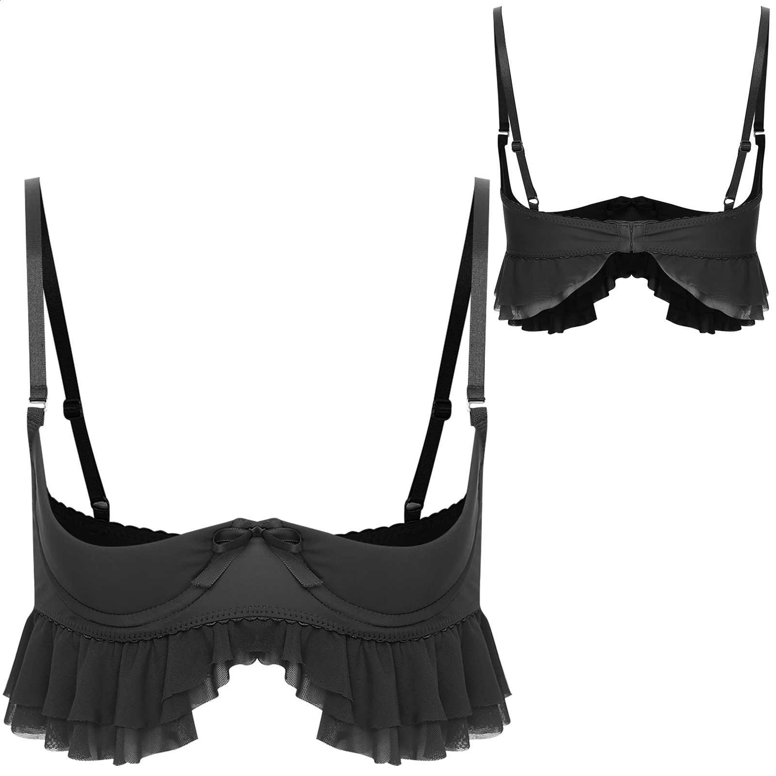 Erotic Womens Sexy Push Up Bra with Ruffled Trim 13 Padded Cup Underwire Open Tempting Balconette Lingerie Nightwear 241105