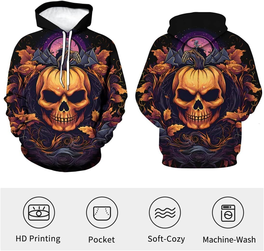 Hoodie for Mens Womens Classic 3D Halloween Pumpkin Skull Pattern Hoodie Hoodie Colorful Halloween Skull Sportswear, Blue Graphic Hoodies sweatshirt