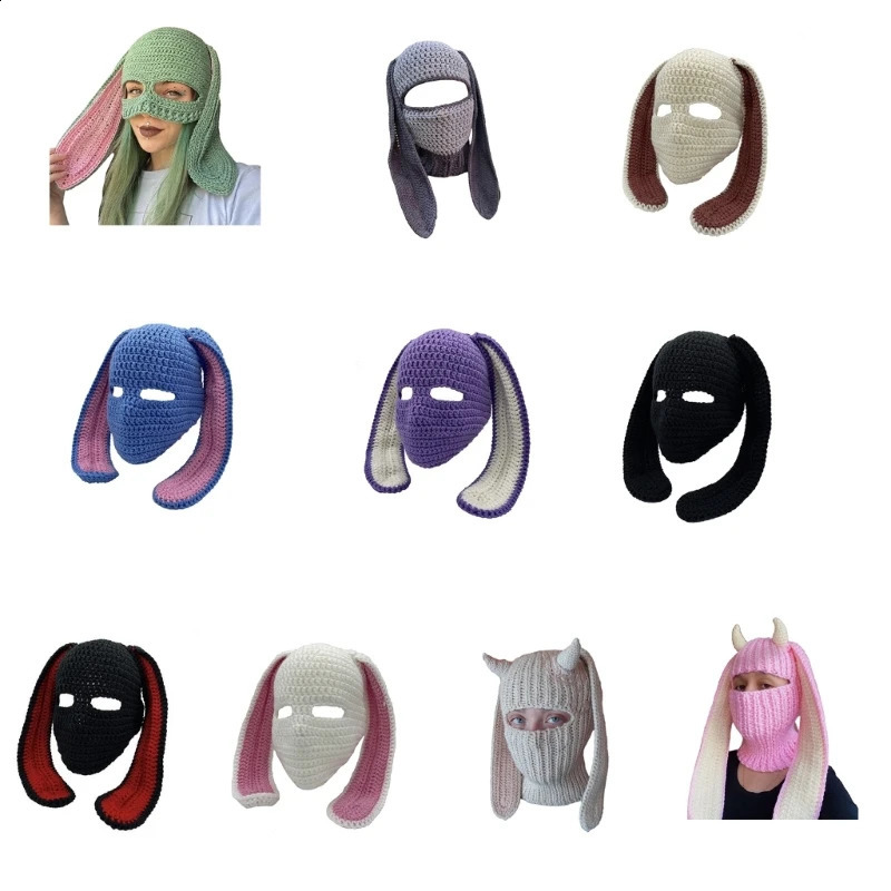 Novelty Rabbit Ears Hat Knitting Balaclava for Women Winter Warm Mask Adult Cosplay Party Costume Camping 241105