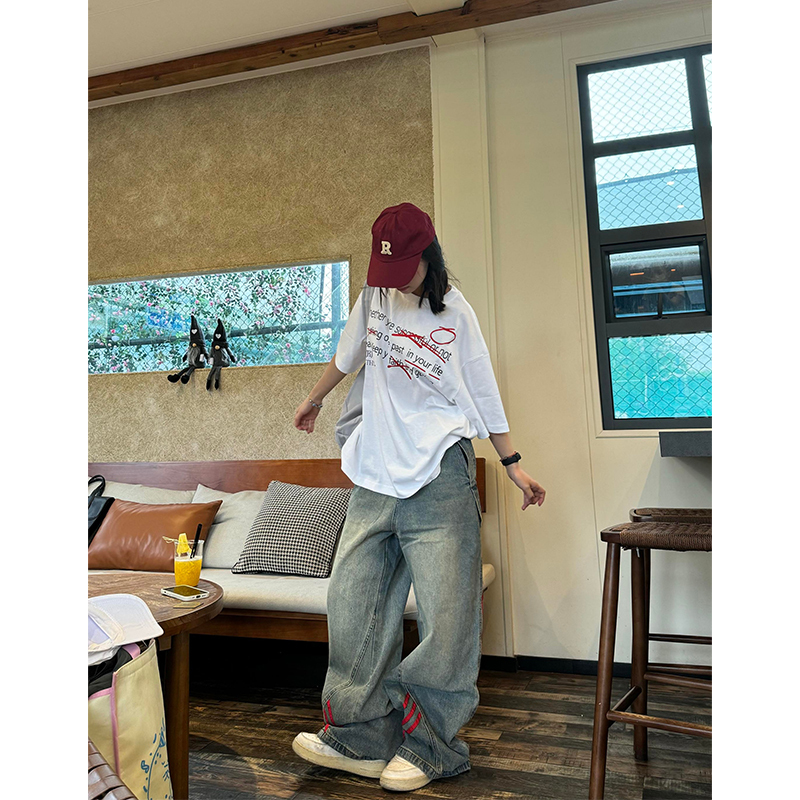 Women American Vintage Waist Striped Jeans Blue Patchwork Wide Leg Denim Pants Summer 2000S Hip-Hop High Street Trousers