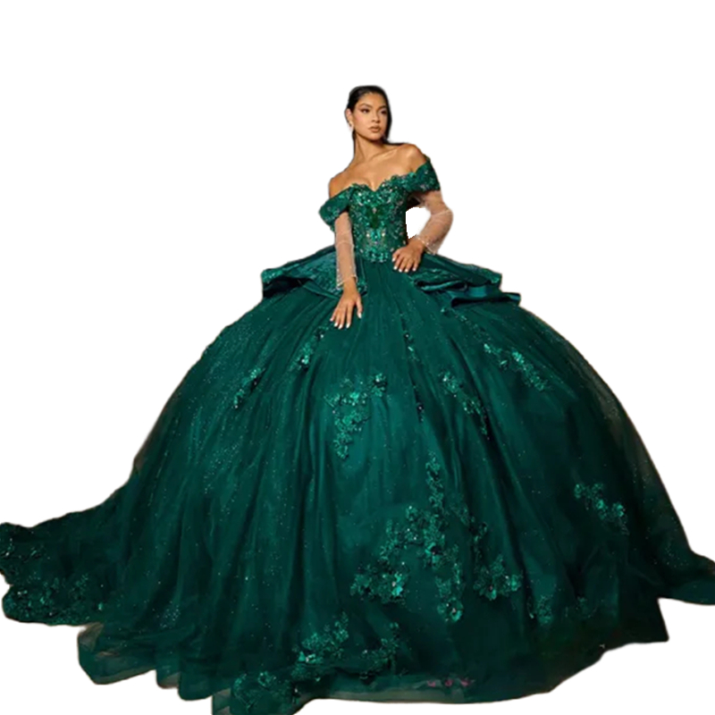 Princess Green Ball Gown Quinceanera Dresses With 3D Floral Appliques Off Shoulder Long Sweet 16 Dress Back Lace-up Peplum Prom Birthday Special Occas