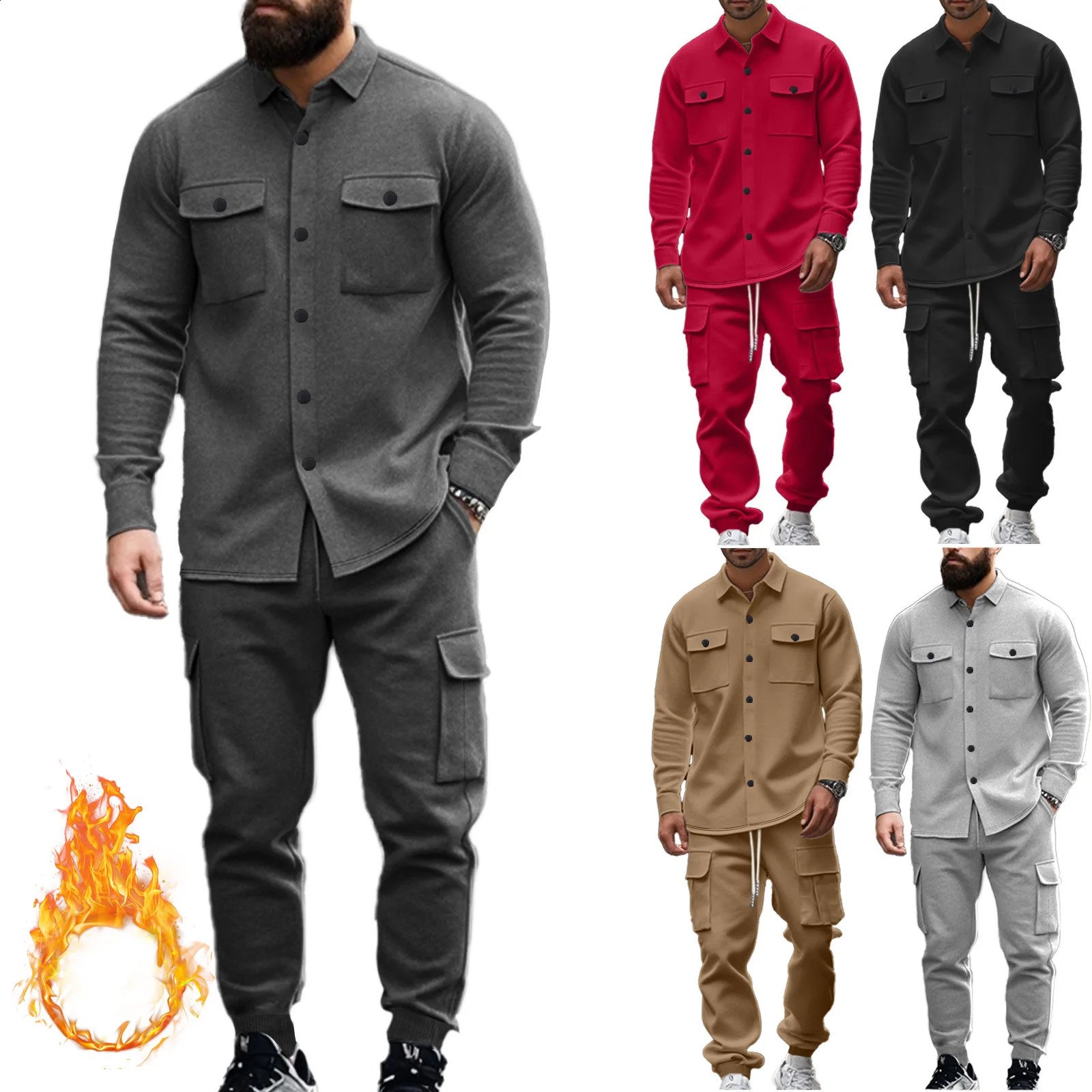American Mens Jacket Heavyweight Pure Color Velvet Workwear Outdoor Tactical Hunting Lapel Jacket Suit Loose Warm Mens Clothes Two-Piece Set 241105