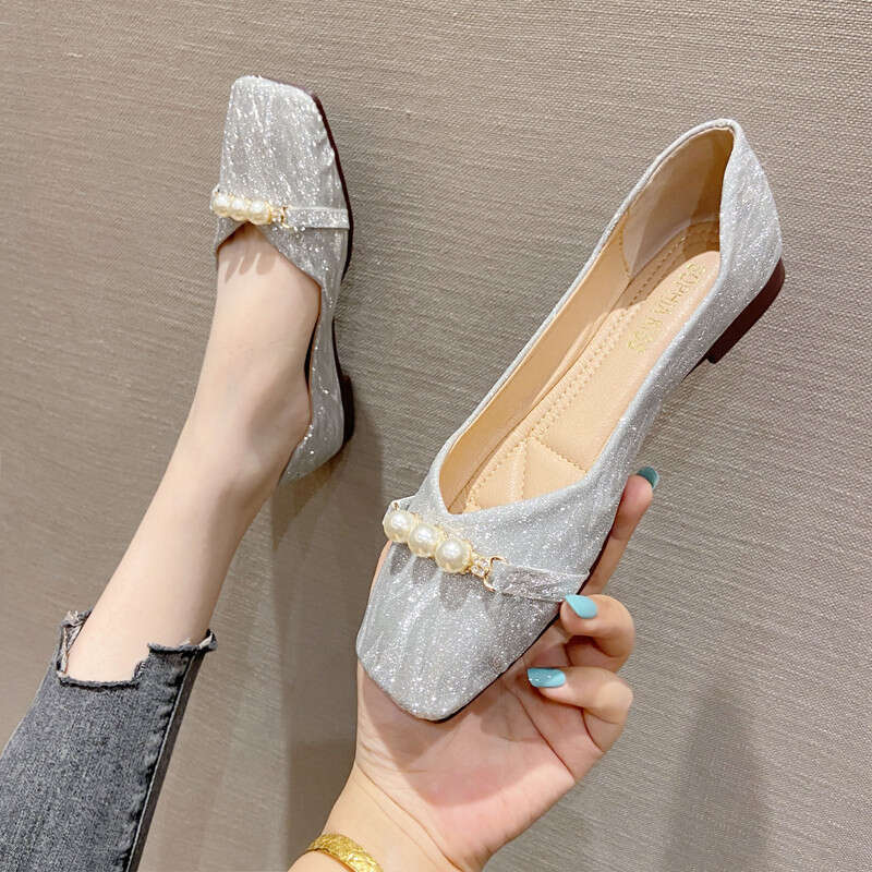 Korean Version Square Toe Shallow Mouth Flat Bottom Single For Women 2023 Summer New Versatile Soft Leather Comfortable Sequined Bean Scoop Shoes